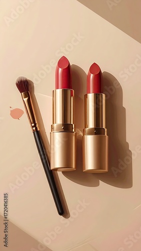 Two  rose-toned lipsticks and a makeup brush on a light beige surface, highlighted by sun