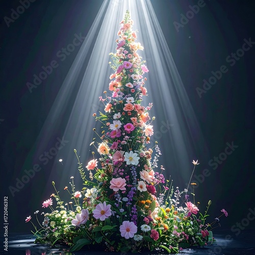 Towering floral display illuminated by spotlight