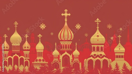 Stunning golden onion domes of St Basil's Cathedral against a vibrant red sky, capturing iconic Russian architecture and winter holiday spirit
