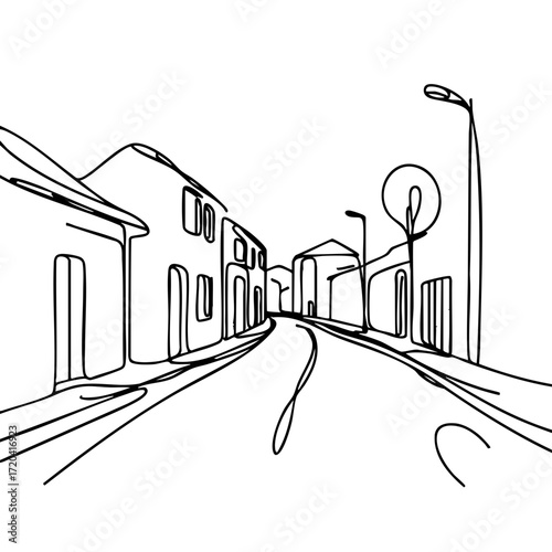 Abstract continuous one-line drawing of a minimalistic flooded street with curvy road and buildings, black and white, concept of modern art, interior design, home decor