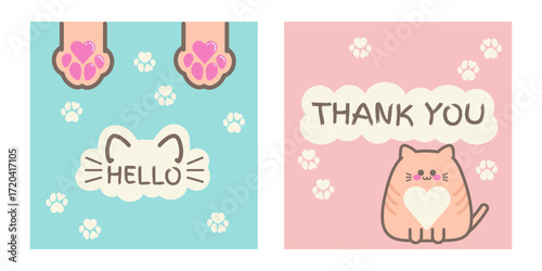 Vector cute card set with orange cat, paws and text: "Hello" and "Thank you". Sticker, vector illustration, template
