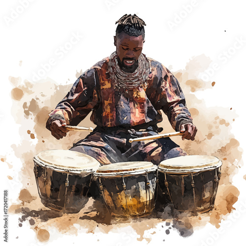 Nigerian Festival Drumming, watercolor illustration vector, isolated on a white background.