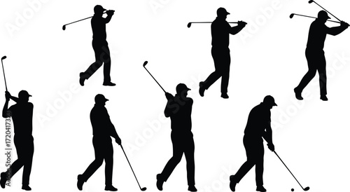 Silhouette of Male Golfers in Various Swing Poses, Golf Player Silhouettes Set on White Background, Ideal for Sports Design and Vector Art