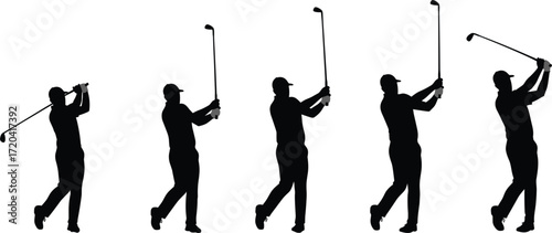 Black Silhouettes of a Male Golfer Isolated on a White Background, Demonstrating the Golf Swing Follow-Through in Various Action Poses, Sports, Leisure.