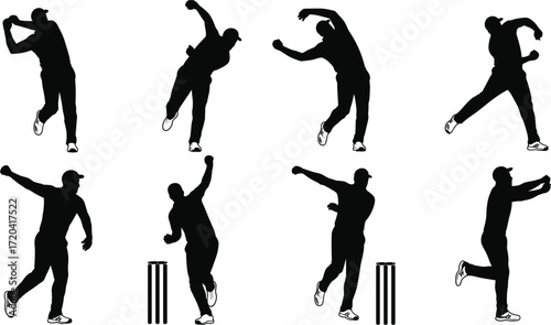 Black Silhouettes of Cricket Players Isolated on a White Background, Demonstrating the Bowling Action and Batting Poses, Sports, Recreation.
