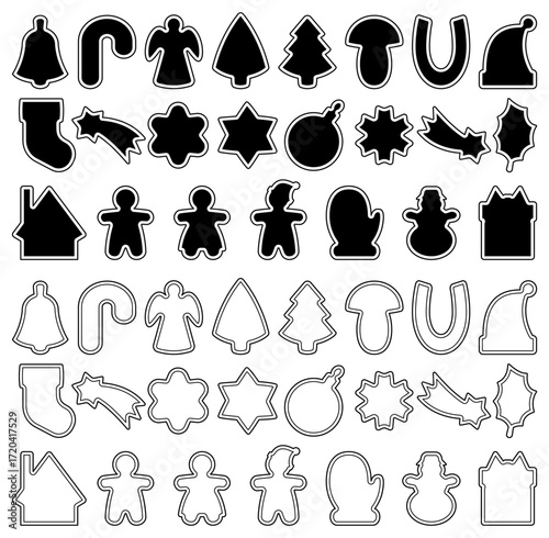 Vector set of Christmas cookie cutter silhouettes and outlines, festive holiday shapes