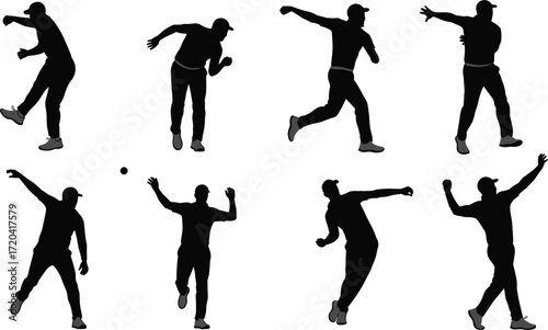 Black Silhouettes of a Male Baseball Player Isolated on a White Background, Demonstrating the Pitching and Throwing Action Poses, Sports, Recreation.