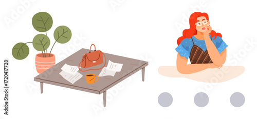 Woman resting her chin on her hand, thinking at a desk with papers, a bag, mug, and plant. Ideal for creativity, planning, reflection, decision-making work-life balance productivity simple flat