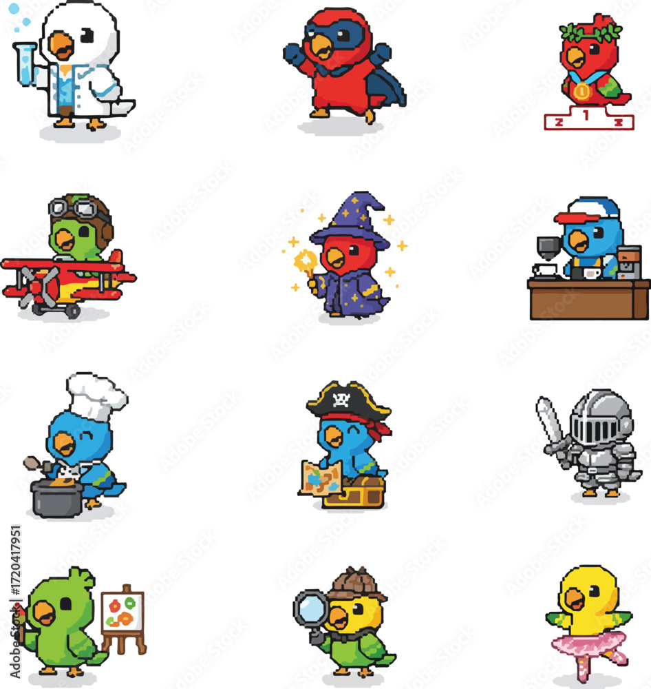 Fototapeta premium Parrots in Various Professions Pixel Art Vector