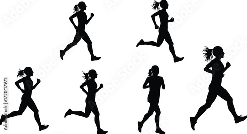 Black Silhouettes of a Female Runner Isolated on a White Background, Demonstrating the Running Poses in Various Action Poses, Fitness, Sports, and Recreation.