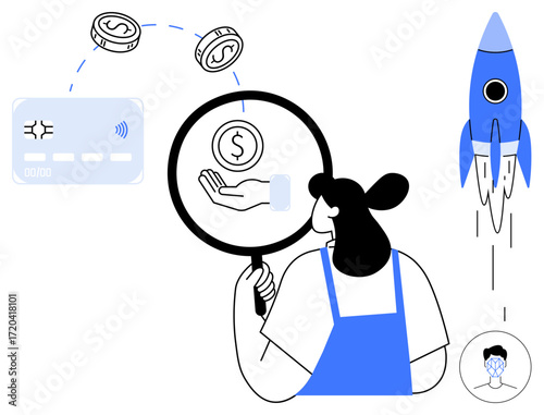 Female figure examining coin with magnifier, credit card, coins, rocket symbolizing progress. Ideal for finance, innovation, startup, investments economy money management growth. Simple flat