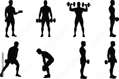 Black Silhouettes of a Male Bodybuilder Lifting Weights, Isolated on a White Background, Demonstrating Various Exercises with Dumbbells and a Barbell, Fitness, Sports.