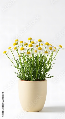 Potted chamomile flowers with yellow blooms in cream pot  