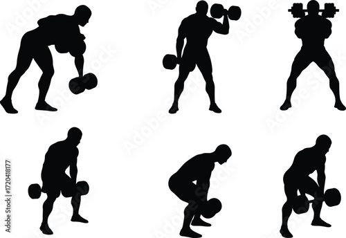 Black Silhouettes of a Male Bodybuilder Lifting Weights, Isolated on a White Background, Demonstrating Various Exercises with Dumbbells and a Barbell, Fitness, Sports.