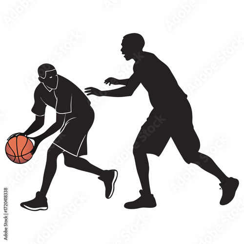 Basketball player dribbling past defender silhouette