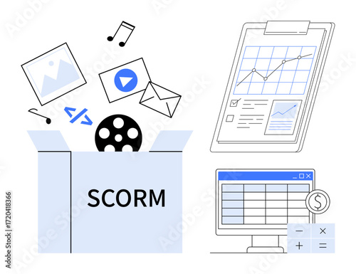 Open box with multimedia files labeled SCORM, clipboard with graphs, computer screen showing data table with calculator. Ideal for e-learning, analytics, integration, education, software, file