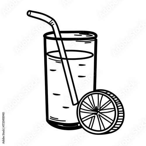 Lemonade glass with straw and lemon slice on white background  