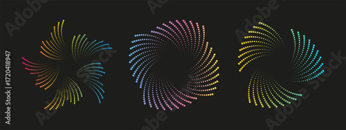 Abstract frames with multicolored sound waves. Circular dotted figures and neon curves. Audio equalizer visualization for music banner, poster, or digital design.