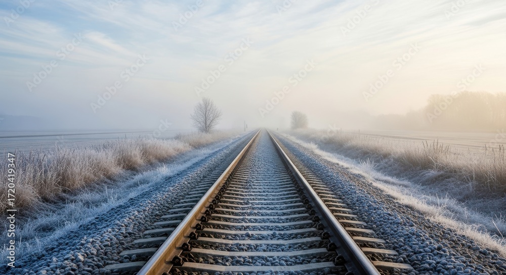 Obraz premium Perspective view of frozen train tracks disappearing into a misty winter landscape with soft sunlight