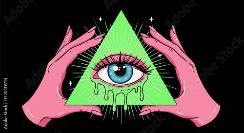 Hands holding a glowing green pyramid with an eye shedding tears on black background