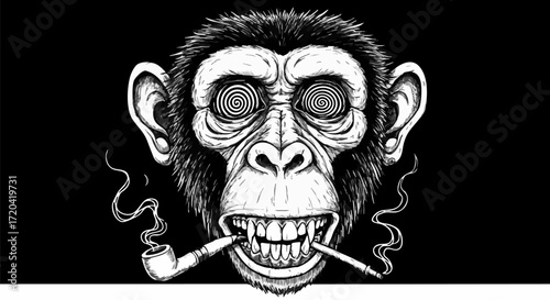 Intricate monkey portrait with swirling eyes smoking a pipe in black and white art