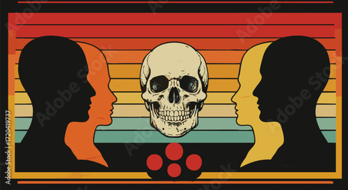 Retro design with skull and silhouettes in a vintage sunset color palette art