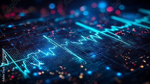 Digital waveform display with glowing lines and data points on a futuristic interface