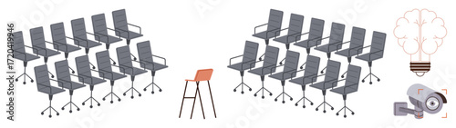 Single red chair contrasts with gray office chairs in organized rows. Light bulb symbolizes innovation while the camera hints at surveillance or study. Ideal for leadership, individuality, isolation