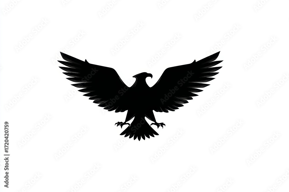 Black silhouette of eagle with spread wings on white background