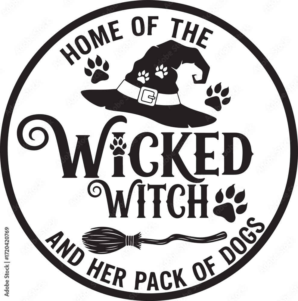 Obraz premium Wicked witch and her pack of dogs circular design featuring a witch hat broom and paw prints perfect for halloween decorations and apparel isolated on transparent background