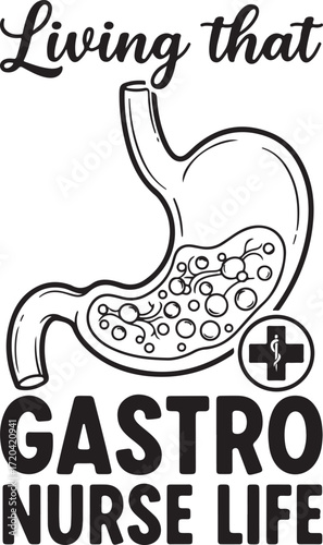 Nurse medical icon and typography celebrating gastro nurse life with stomach illustration and plus symbol for healthcare professionals isolated on transparent background