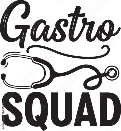 Gastro squad medical text and stethoscope graphic design for healthcare professionals and gastroenterology teams isolated on transparent background