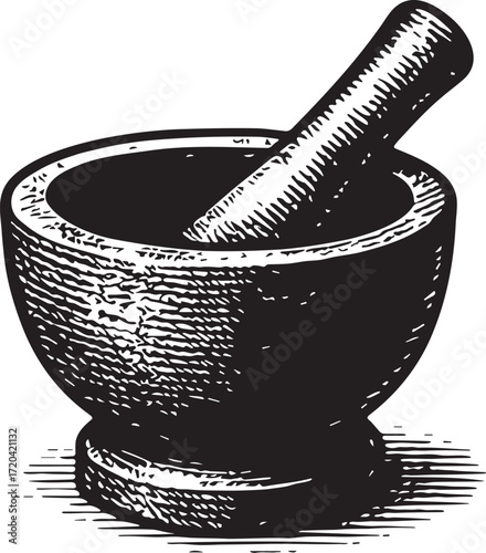 Vintage etching illustration of mortar and pestle as traditional kitchen tool