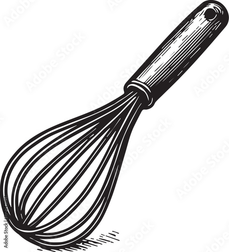 Wire whisk etching illustration in bold vintage engraved linocut black and white kitchen tool artwork