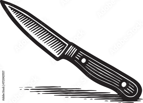 Paring knife detailed etching illustration, small kitchen knife in engraved black and white style