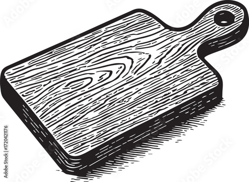 Wooden cutting board etching illustration, rustic kitchen utensil in detailed black and white style