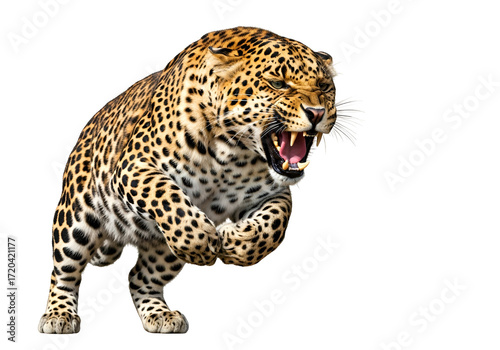 A powerful leopard, with spots of tan and black, displays its ferociousness against a black background, showcasing sharp teeth and a striking posture.