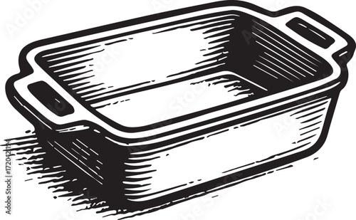 Ceramic casserole dish etching illustration in vintage engraved black and white linocut cookware design