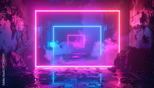 Abstract hallway with layered glowing neon rectangles, illuminated by purple and cyan lights, and filled with wispy fog. A surreal, futuristic scene
