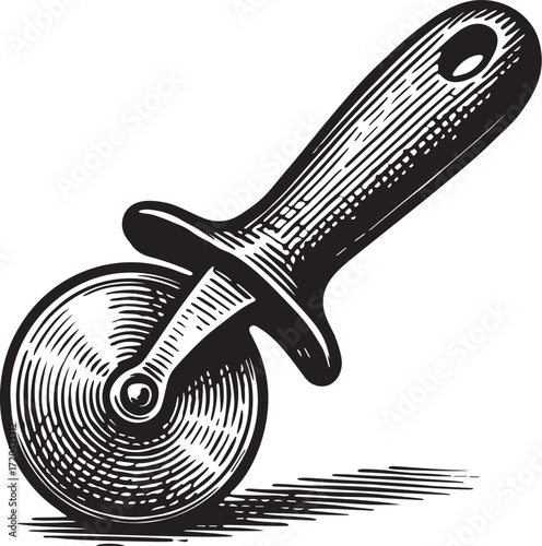 Etched precision pizza cutter detailed linocut etching illustration in monochrome engraving style