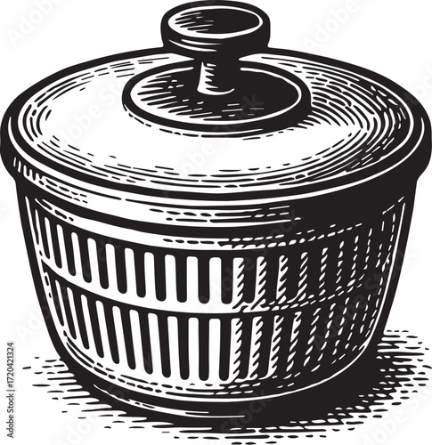 Etched illustration of a salad spinner in detailed vintage kitchen style