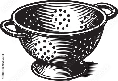 Perforated colander etching illustration in vintage black and white engraved linocut kitchen utensil style