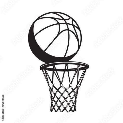 Black and white illustration of a basketball about to go through the hoop