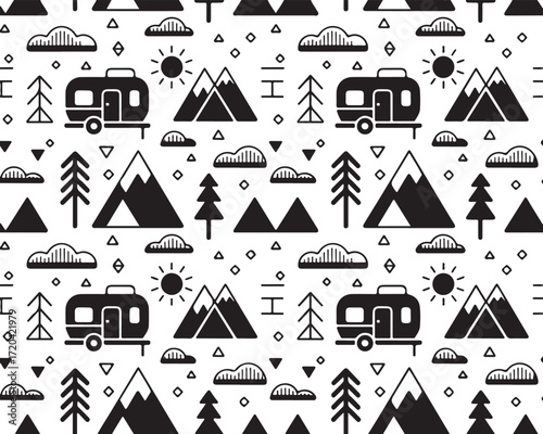 Camping Trailer and Mountain Seamless Pattern Vector Illustration Background