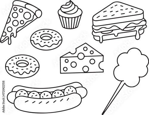 Delicious Food Icons Set Featuring Pizza, Cupcake, Sandwich, Donuts, Cheese, Hotdog, and Cotton Candy Vector