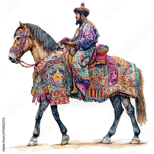 Mongolian Horse Festival, watercolor vector, isolated on a white background.