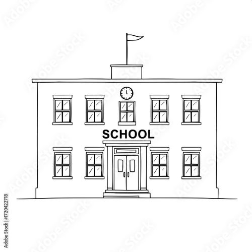 “Minimalist architectural sketch of a school building, black lines on white, two-story rectangular facade, symmetrical square windows, entrance doors, ‘SCHOOL’ text, clock above text, small rooftop fl
