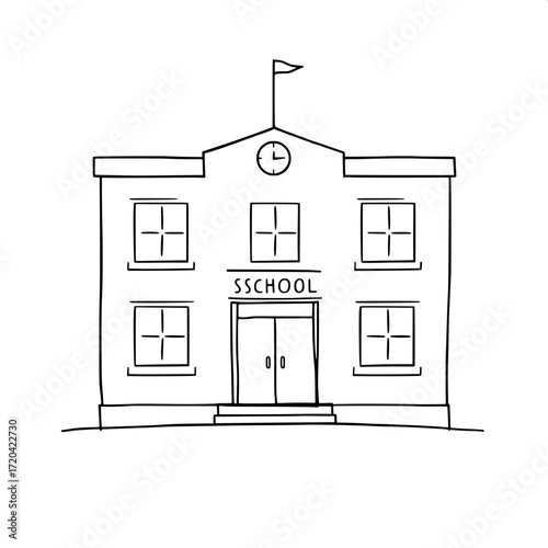 “Minimalist architectural sketch of a school building, black lines on white, two-story rectangular facade, symmetrical square windows, entrance doors, ‘SCHOOL’ text, clock above text, small rooftop fl