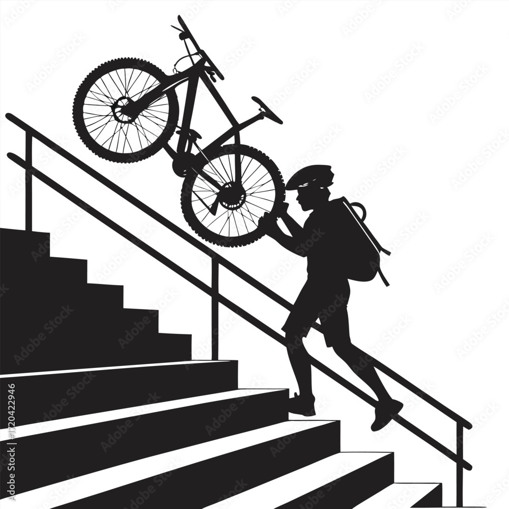 Fototapeta premium Cyclist carrying bike up stairs silhouette