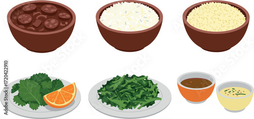 Brazilian feijoada meal with sides: rice, farofa, greens, orange, and sauces on transparent background